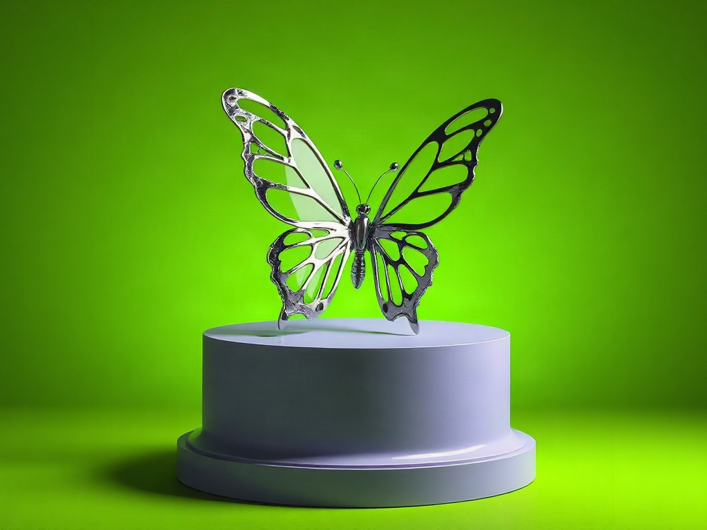 AI-generated chrome butterfly sculpture on a lilac pedestal against a lime green background